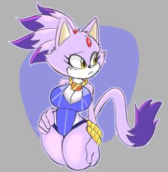 anthro blaze_the_cat blush_lines breasts clothing curvy curvy_figure dipstick_tail domestic_cat felid feline felis female princess purple_body purple_fur royalty sega solo solraticart sonic_(series) swimsuit yellow_eyes