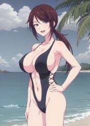 1girls acchan_(megami_no_kafeterasu) ai_generated beach big_breasts black_hair breasts busty center_opening cleavage confident female female_only glasses hand_on_hip large_breasts legs megami_no_kafeterasu multiple_boys navel ocean one-piece_swimsuit pose posing purple_eyes smile stable_diffusion subaruarm swimsuit thighs voluptuous water