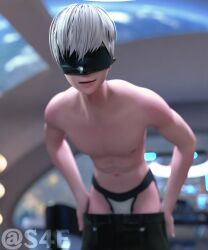 1boy 3d blindfold bulge femboy light-skinned_male light_skin looking_at_viewer male male_focus male_only nier nier:_automata penis_under_clothes pulling_down_pants short_hair sleepi4ever solo trap undressing white_hair yorha_9s