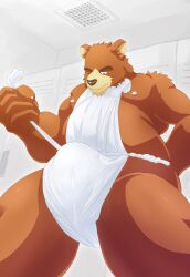 1boy 2023 anthro asian_clothing bear belly big_belly brown_body bulge clothing east_asian_clothing fundoshi humanoid_hands japanese_clothing juuichi_mikazuki kemono locker_room male male_only mammal moobs morenatsu nipples overweight overweight_male solo underwear white_clothing white_fundoshi white_underwear