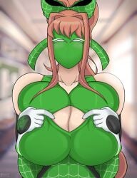 1girls alternate_version_available big_breasts blush blush_lines bodysuit breasts brown_hair cleavage cleavage_window crossover doki_doki_literature_club eyelashes female female_focus female_only green_bow green_mask green_ribbon green_suit heroine huge_breasts junior_art large_breasts long_hair long_ponytail looking_at_viewer marvel marvel_comics mask masked masked_female monika_(doki_doki_literature_club) ponytail pov spider-man:_across_the_spider-verse spider-man:_into_the_spider-verse spider-man_(series) spider-monika spider-woman superhero superheroine tease teasing textless textless_version tied_hair top_heavy white_gloves