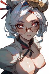 ai_generated breasts glasses looking_at_viewer nipples novennber_ai purah purah_(tears_of_the_kingdom) red_eyes stable_diffusion tagme tears_of_the_kingdom the_legend_of_zelda white_hair