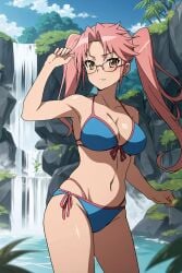 1girls ai_generated arm_up artist_request big_breasts bikini blue_bikini breasts busty cleavage female female_only glasses highschool_of_the_dead large_breasts legs long_hair navel pink_hair saya_takagi smile solo stable_diffusion swimsuit thighs twintails voluptuous water yellow_eyes