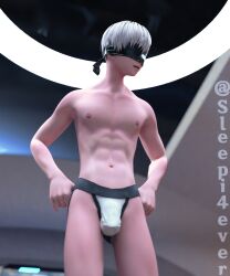 1boy 3d blindfold bulge femboy light-skinned_male light_skin male male_focus male_only nier nier:_automata penis_under_clothes short_hair sleepi4ever solo trap undressing white_hair yorha_9s