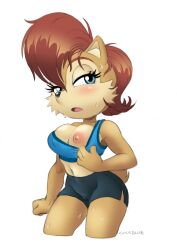 anthro areola blue_eyes blush breasts brown_body brown_fur cameltoe chipmunk coolblue female ground_squirrel mobian_(species) princess red_hair royalty sally_acorn sciurid shorts solo sonic_(series) sonic_the_hedgehog_(archie) sonic_the_hedgehog_(comics) sonic_the_hedgehog_(series) sweat tagme tan_fur two_tone_body white_background