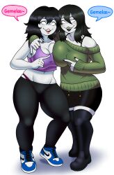 2girls alacela_(glive_18) arm_around_shoulder black_hair creepette_(sleeplesscreeper) crop_top ghost_live large_breasts leggings oc pointing_at_another side_hug skirt sneakers speech_bubble sweater thigh_boots white_eyes white_skin