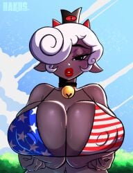 1girls 4th_of_july american_flag_bikini anthro big_breasts bikini black_eyes caprine cult_of_the_lamb female female_only grey_body hair_over_one_eye hakuscavern holding_breasts horns lamb_(cult_of_the_lamb) lifting_breasts looking_at_viewer narrowed_eyes neck_bulge nipple_bulge pointy_ears portrait red_crown_(cult_of_the_lamb) red_lipstick sheep solo white_hair