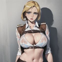 ai_generated annie_leonhardt attack_on_titan blonde_hair breasts katsuprime see-through_clothing stable_diffusion sweat