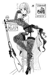 blunt_bangs blush bob_cut collar dress drunk drunk_bubbles garter_straps girls'_frontline high_heel_sandals large_breasts long_gloves monochrome mosin-nagant mosin-nagant_(girls'_frontline) necklace rifle sitting_on_chair thighhighs wide_hips