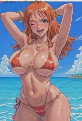 1girls ai_generated armpits arms_behind_head beach big_breasts bikini breasts brown_eyes busty female female_only large_breasts legs long_hair nami nami_(one_piece) navel ocean one_eye_closed one_piece open_mouth orange_hair pose posing post-timeskip red_bikini sensual sexy_armpits smile solo stable_diffusion sweat sweetpixeline swimsuit thighs voluptuous water wink