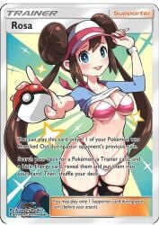 1girls blue_eyes blush bra breasts brown_hair card card_(medium) double_bun eye_contact female female_focus female_only game_freak hat large_breasts leggings looking_at_viewer navel nintendo no_skirt open_mouth panties poke_ball pokeball pokemon pokemon_bw2 pokemon_card pokemon_trading_card_game pov_eye_contact redjet ripped_clothing rosa_(pokemon) shiny shiny_skin shirt shirt_lift shirt_up shoes sneakers tcg teeth thighhighs thighs tongue trading_card very_long_hair visor_cap watch