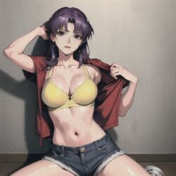 ai_generated clothed katsuprime misato_katsuragi navel neon_genesis_evangelion purple_hair stable_diffusion sweat