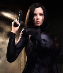 1girls 3d 3d_(artwork) alternate_breast_size black_bodysuit black_hair bodysuit clothed clothed_female corset female female_only gigantic_breasts gun holding_gun holding_object holding_weapon huge_breasts kate_beckinsale looking_at_viewer selene_(underworld) skin_tight solo solo_female underworld vaako vampire vampire_girl wide_hips