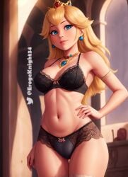 ai_generated black_lingerie blonde_hair blue_eyes bra crown earrings erogeknight female hand_on_hip light_skin lingerie looking_at_viewer mario_(series) nintendo panties princess_peach solo stable_diffusion underwear_only