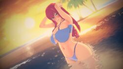 1girls 3d angelica_von_eustest armpits arms_behind_head beach big_breasts blue_eyes blush busty child_bearing_hips cleavage large_breasts legs long_hair looking_at_viewer navel ocean oujo_&_onna_kishi_w_dogehin_roshutsu_~chijoku_no_misemono_dorei~ pink_hair pose posing purple_hair sensual sexy_armpits short_hair smile sunset thick_thighs thighs thong_bikini voluptuous water