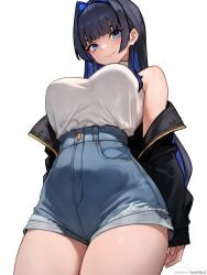 1girls blue_eyes blue_hair bluefield booty_shorts breasts denim_shorts female hololive hololive_english hololive_english_-council- hololive_english_-promise- huge_breasts light-skinned_female light_skin long_hair low-angle_view ouro_kronii png short_shorts shorts thick_thighs virtual_youtuber