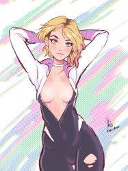 1girls 2020s 2023 arms_up blonde_female blonde_hair bodysuit breasts choker clothed covered_navel covered_nipples eyebrow_piercing female female_focus female_only front_view gwen_stacy hair hands_behind_head hi_res joshgrilli light-skinned_female light_skin looking_at_viewer marvel open_bodysuit open_clothes piercing pose presenting presenting_breasts ripped_bodysuit ripped_clothing signature small_breasts smile solo solo_female spider-gwen spider-man:_across_the_spider-verse spider-man:_into_the_spider-verse spider-man_(series) standing superhero_costume superheroine thigh_gap thighs tooth_gap torn_bodysuit torn_clothes torn_clothing torn_legwear