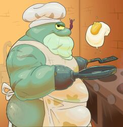 2023 amphibia_(series) amphibian anthro apron ass belly big_belly bulge chef_hat clothing cooking disney frog green_body hat haxsmack headgear headwear hi_res kitchen male male_only overweight overweight_male scar solo stumpy_stumpson