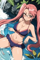 1girls ai_generated arm_support artist_request big_breasts bikini breasts brown_eyes busty cleavage female female_only glasses highschool_of_the_dead large_breasts legs long_hair navel pink_hair purple_bikini saya_takagi sitting smile solo stable_diffusion swimsuit thighs twintails voluptuous water