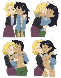 2girls 4koma aged_up amphibia amphibia_(finale) asian_female black_hair blonde_female blonde_hair blush_lines cheek_kiss chocolate_and_vanilla clothed_female cute disney disney_channel earrings female female_only fingering fondling_breast hairclip heart interracial_yuri lifting_shirt light-skinned_female marcy_wu multiple_girls partially_clothed_female sasha_waybright scar simple_background smooth_skin taiwanese thrumbo white_female yuri