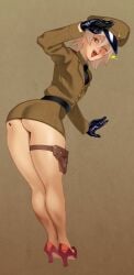 1boy ass ass_focus butt combos-n-doodles femboy heels high_heels homosexual ivan_raidenovitch_raikov looking_at_viewer looking_back_at_viewer male_only metal_gear_solid metal_gear_solid_3 no_panties no_underwear raikov saluting smile white_hair