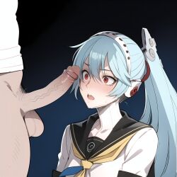 1girls ai_generated android_girl atlus blue_hair cock_worship faceless_male female imminent_oral kneeling labrys labrys_(persona) megami_tensei open_mouth persona persona_4 persona_4_arena persona_4_arena_ultimax ponytail red_eyes school_uniform shocked shocked_expression shocked_face stable_diffusion staring_at_penis suprised yellow_neckerchief