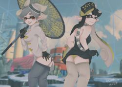 ass_focus black_panties callie_(alterna) callie_(splatoon) dress_lift elf_ears marie_(alterna) marie_(splatoon) nintendo panties smug splatoon splatoon_(series) splatoon_3 squid_sisters thatkoza thick_ass thighs umbrella yellow_panties