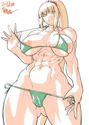 abs biceps bikini blonde_hair blue_eyes breasts dog_tags dragunov_(metal_slug) female green_bikini highres huge_breasts jackasss large_breasts long_hair looking_at_viewer metal_slug metal_slug_attack muscular muscular_female navel nipples obliques one-eyed one_eye_closed ponytail scar scar_across_eye scar_on_face smile solo swimsuit thighs