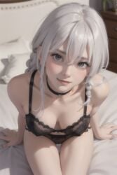 ai_generated bed bedroom black_choker black_lingerie blue_eyes blush braid choker depth_of_field desk elaina_(majo_no_tabitabi) lingerie long_hair looking_at_viewer majo_no_tabitabi medium_breasts perfect_body pillow realistic seductive sitting_on_bed thighs white_hair