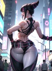 1girls ai_generated artie_zeta ass back_muscles bangs belt black_hair breasts capcom city clothed crowd curvy dat_ass dimples_of_venus elbow_gloves female female_focus gloves hair_horns halter_top halterneck hand_on_hip hourglass_figure huge_ass human juri_han looking_to_the_side open_mouth open_smile outdoors pink_hair sideboob sidelocks skin_tight small_breasts smile solo_focus stable_diffusion streaked_hair street_fighter street_fighter_6 thick_thighs tight_clothing two_tone_hair