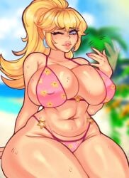 1girls beach big_lips bikini blonde_hair blue_eyes breasts cleavage female female_only hand_fan heat hips huge_breasts light-skinned_female light_skin lips lipstick long_hair mario_(series) mimimows navel nintendo one_eye_closed outdoors pink_bikini pink_lips ponytail princess_peach sitting solo spookiebuni super_mario_sunshine sweat sweaty_body swimsuit thick_lips thick_thighs thighs tied_hair voluptuous wide_hips