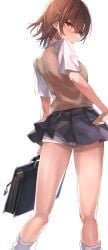 1girls 2020s 2022 bag bare_thighs blush brown_eyes brown_hair brown_sweater_vest brunette clothed clothed_female dem_legs female from_behind gekota grey_skirt hair_ornament hairclip hand_on_own_hip hi_res holding holding_bag knee_socks kneehighs kneepits kneesocks looking_at_viewer looking_back loose_socks matching_hair/eyes miniskirt misaka_mikoto pleated_skirt ponpon_nun school_bag school_uniform schoolgirl shirt short_hair short_shorts short_sleeves shorts shorts_under_skirt skirt socks solo standing sweater_vest teenage_girl teenager thick_thighs thigh_focus thighs to_aru_kagaku_no_railgun to_aru_majutsu_no_index tokiwadai_school_uniform very_short_skirt white_background white_shirt white_shorts white_socks young