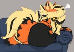 2023 arcanine arlean_(raster_dreams) belly big_belly blush closed_eyes ears_up feral furniture generation_1_pokemon hand_on_furniture hi_res lying_on_sofa nintendo on_sofa orange_body pokemon pokemon_(species) raised_head raster_dreams sigh simple_background sofa stomach_bulge tail vore