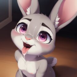 ai_generated bunny cum_in_mouth cum_on_face grey_fur judy_hopps kitsuke naked on_knees open_mouth purple_eyes stable_diffusion tongue_out zootopia