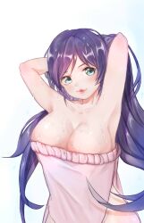 10s 1girls 2016 absurd_res after_bathing armpits arms_behind_head bare_hips blush breasts completely_nude completely_nude_female female green_eyes hi_res hips large_breasts light-skinned_female light_skin lipstick long_hair love_live! lupin_(artist) makeup naked_towel nude nude_female solo standing toujou_nozomi towel wet white_background