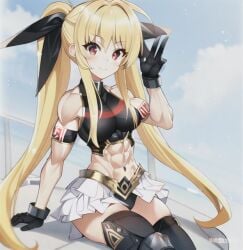 abs ai_generated blonde_hair fate_testarossa magical_girl midriff muscular_female navel red_eyes