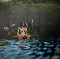 1girls 3d 3d_(artwork) breasts casual dwarf dwarf_(warcraft) female humanoid large_breasts mementomeowi multicolored_hair nipple_piercing nude outdoors pale_skin partially_submerged piercing pussy shortstack solo_focus tattoo warcraft water world_of_warcraft