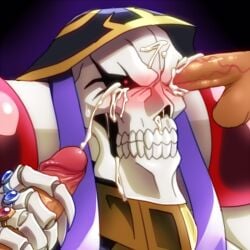 ainz_ooal_gown blush blushing bodily_fluids bone cum eye_fucking face_closeup facial gay handjob highres male male_only momonga monster non-human overlord_(maruyama) penis skeleton skull skull_fucking solo_focus sweatdrop uncut yaoi