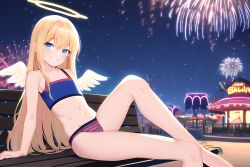 ai_generated amusement_park angel angel_boy angel_wings bench blonde_hair blue_eyes crimvael crop_top femboy fireworks girly ishuzoku_reviewers long_hair male neon_lights night novelai smile smiling striped_thong