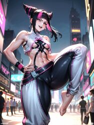 1girls abs ai_generated artie_zeta bangs barefoot belt black_hair cameltoe capcom city crowd feet female female_focus hair_horns hand_on_hip human juri_han open_mouth open_smile pink_eyes pink_hair public sidelocks skin_tight smile solo_focus stable_diffusion standing_on_one_leg streaked_hair street_fighter street_fighter_6 thick_thighs toes toned toned_female two_tone_hair