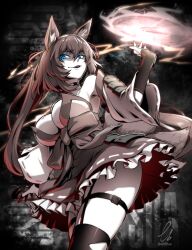 ass aura blue_eyes brown_hair caleen_keemosn cleavage commission detached_sleeves ebiblue evil_smile eyebrows_visible_through_hair female female_only fox_ear fox_girl fox_tail garter garter_belt garter_straps hair_ribbon huge_breasts impossible_clothes kemonomimi kitsunemimi looking_at_viewer looking_down_at_viewer miko multiple_tails runes signature star_ocean star_ocean_anamnesis text_in_background thick_thighs thighhighs twintails very_long_hair