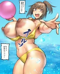 1girls 2021 accidental_exposure areolae ass ball beach beach_ball bikini blush bouncing_breasts breasts brown_hair bursting_breasts dialogue disastrous_wife_(pepe_(jonasan)) eyebrows_visible_through_hair female female_only holding_ball huge_breasts japanese_text large_areolae navel nipples offscreen_character open_mouth original partially_submerged pepe_(jonasan) ponytail purple_eyes short_ponytail smile solo speech_bubble standing swimsuit teeth text thick_thighs thighs tied_hair tongue translated unaware wardrobe_malfunction water water_drop yellow_bikini