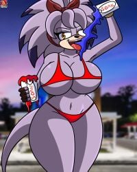 1girls 2020s 2023 animal_ears anthro bandicoot big_breasts bikini black_nose breasts cleavage commission curvy curvy_female curvy_figure drinking drinks female female_only fingerless_gloves fur furry headgear headwear lewdtoons long_hair long_tail mammal marsupial narrowed_eyes perci_the_bandicoot purple_body purple_fur purple_hair purple_skin red_bikini sega solo solo_female sonic_(series) sonic_boom sonic_the_hedgehog_(series) summer tail thick_thighs tongue_out two_tone_body two_tone_fur video_games wide_hips yellow_eyes