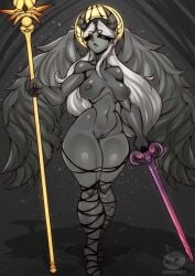 1girls big_breasts dark_skin demon_girl ehidney fear_and_hunger fear_and_hunger:_termina female female_only halo horns long_hair looking_at_viewer muscular nipples nude sword the_heartless_one thick_thighs wear white_hair wings