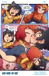 2girls asian asian_female bed bedroom black_hair blush comic english_text female female_only kim_pine kissing knives_chau lesbian page_7 pinned pinned_down pinned_to_bed red_hair red_panties scott_pilgrim tagme text the_other_half tongue tongue_kiss yellow_shirt yuri