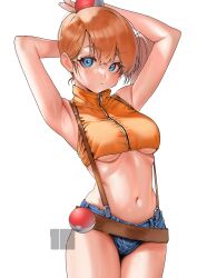 absurdres armpits arms_up asymmetrical_hair bent_over blue_eyes blush breasts clothing cowboy_shot creatures_inc. cropped_shirt denim denim_shorts eyelashes female female_only game_freak gen_1_pokemon gym_leader hair_between_eyes hair_tie highres holding holding_object holding_poke_ball kasumi_(pokemon) looking_at_viewer medium_breasts nanja nanja_(artist) navel nintendo orange_hair orange_shirt poke_ball pokemon pokemon_(anime) pokemon_(classic_anime) pokemon_(game) pokemon_character pokemon_rgby pokemon_species ponytail shirt short_hair short_shorts shorts side_ponytail simple_background sleeveless sleeveless_shirt smile solo stomach suspender_shorts suspenders tank_top the_electric_tale_of_pikachu tied_hair underboob white_background yellow_shirt yellow_tank_top