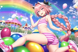 ai_generated all_fours amusement_park ass ass_focus astolfo_(fate) balloons bed big_ass braid choker crop_top fate/apocrypha fate/grand_order fate_(series) femboy girly novelai panties pink_eyes pink_hair smile sneakers striped_panties