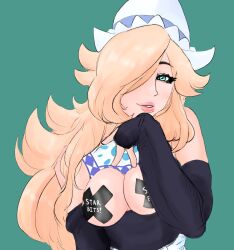 big_breasts blonde_hair blue_eyes hair_over_one_eye mario_(series) mario_kart mario_kart_tour pasties_with_text princess_rosalina whyquestion