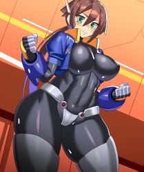 1girls aile big_breasts blush bodysuit breasts brown_hair erect_nipples female gamjasssak green_eyes jacket large_breasts long_hair mega_man mega_man_zx_advent nipple_bulge ponytail smile solo thick_thighs thighs