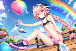 ai_generated amusement_park astolfo_(fate) balloons braid choker crop_top fate/apocrypha fate/grand_order fate_(series) femboy girly legs_apart novelai pink_eyes pink_hair sitting smile smiling sneakers striped_panties